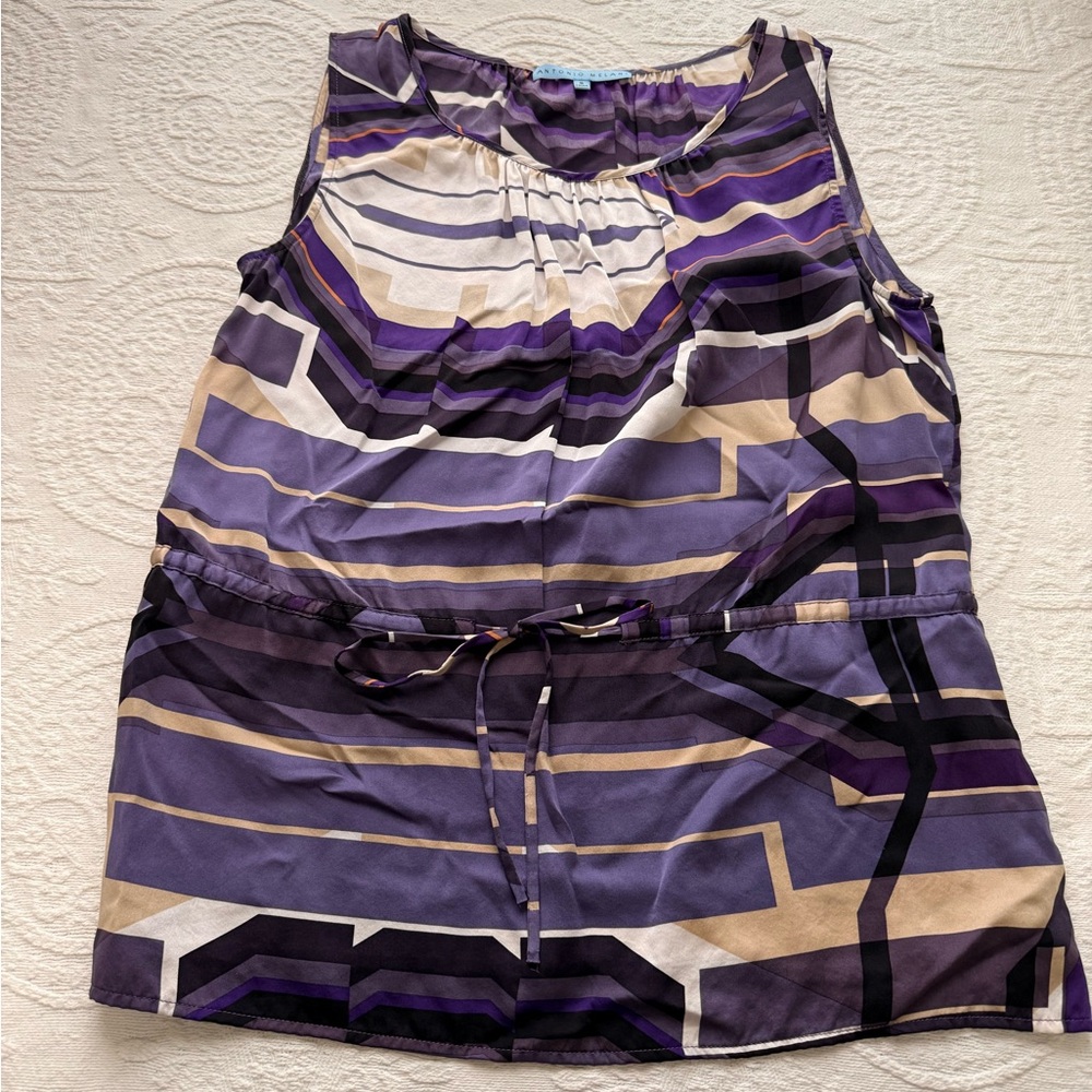 ANTONIO MELANI Purple and Cream 100%silk Geometric Top